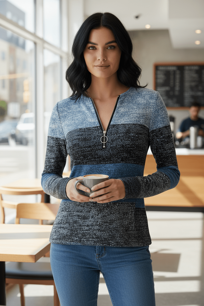Ashford | Lior – Women’s Long Sleeve Knit Shirt with Zipper Collar and Spliced Print - Ashford London Clothing