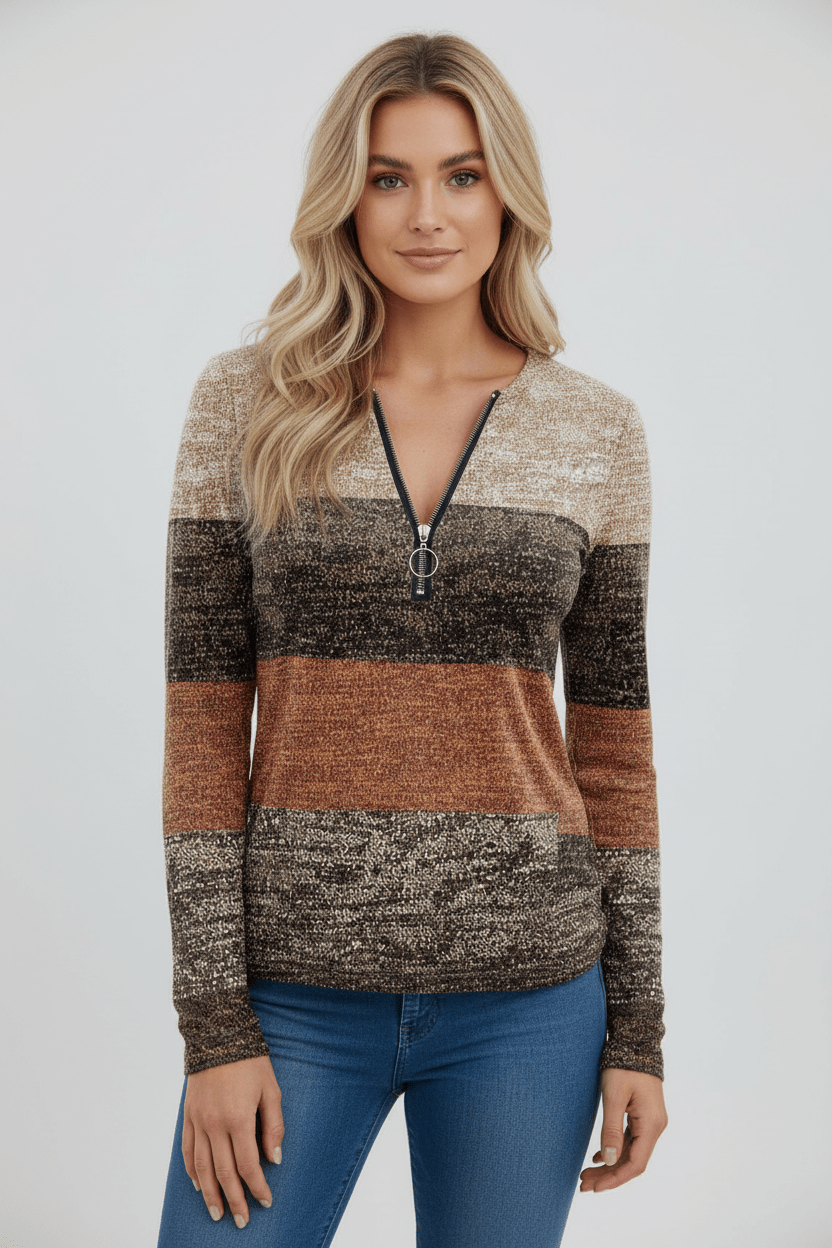 Ashford | Lior – Women’s Long Sleeve Knit Shirt with Zipper Collar and Spliced Print - Ashford London Clothing