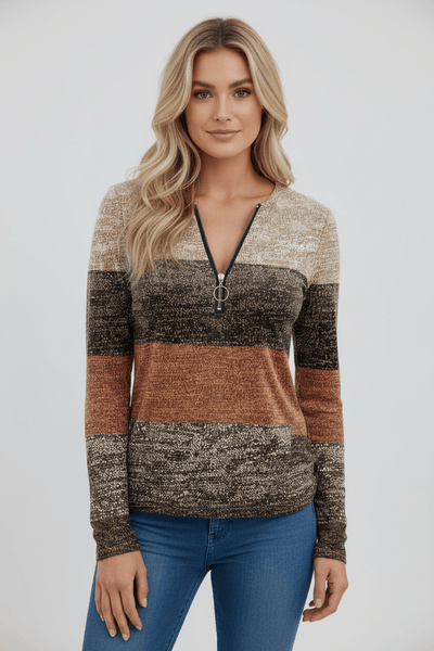 Ashford | Lior – Women’s Long Sleeve Knit Shirt with Zipper Collar and Spliced Print - Ashford London Clothing
