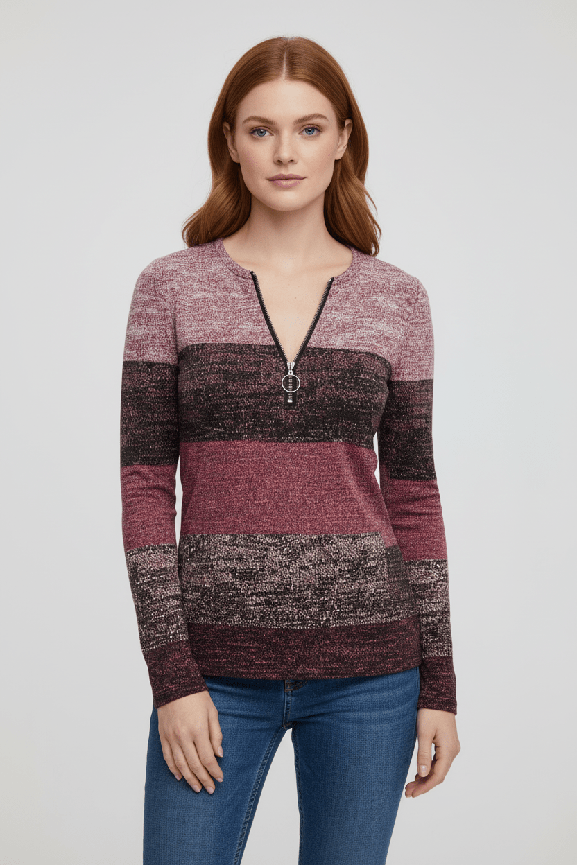 Ashford | Lior – Women’s Long Sleeve Knit Shirt with Zipper Collar and Spliced Print - Ashford London Clothing