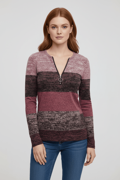 Ashford | Lior – Women’s Long Sleeve Knit Shirt with Zipper Collar and Spliced Print - Ashford London Clothing