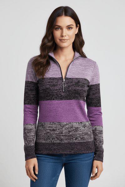 Ashford | Lior – Women’s Long Sleeve Knit Shirt with Zipper Collar and Spliced Print - Ashford London Clothing