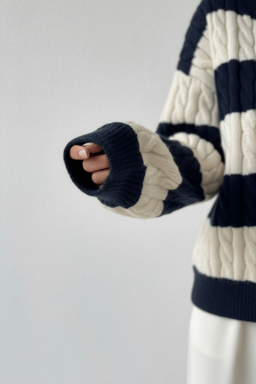 Ashford | Liora – Women’s Oversized Wool Blend Cable Knit V - Neck Striped Sweater - Ashford London Clothing