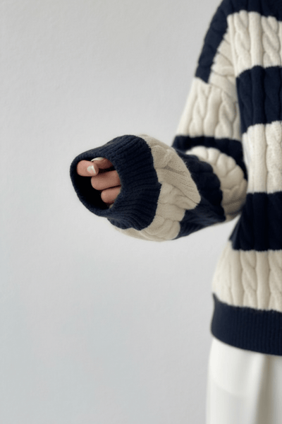 Ashford | Liora – Women’s Oversized Wool Blend Cable Knit V - Neck Striped Sweater - Ashford London Clothing