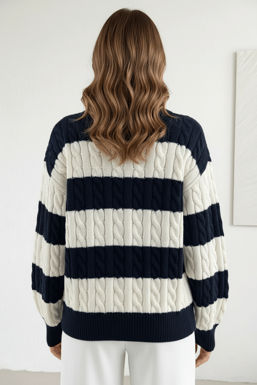 Ashford | Liora – Women’s Oversized Wool Blend Cable Knit V - Neck Striped Sweater - Ashford London Clothing