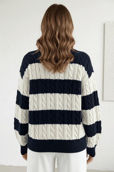 Ashford | Liora – Women’s Oversized Wool Blend Cable Knit V - Neck Striped Sweater - Ashford London Clothing
