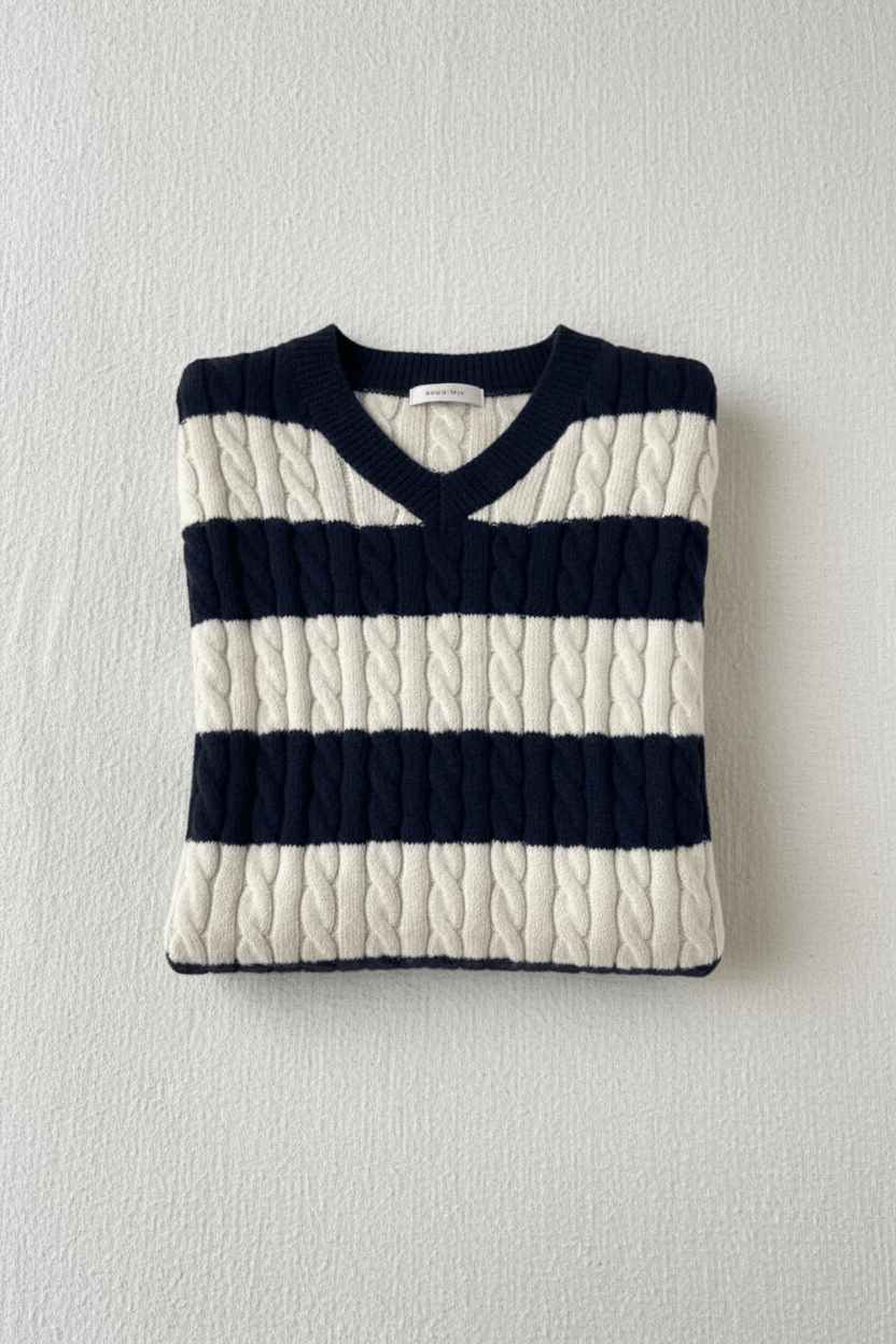 Ashford | Liora – Women’s Oversized Wool Blend Cable Knit V - Neck Striped Sweater - Ashford London Clothing