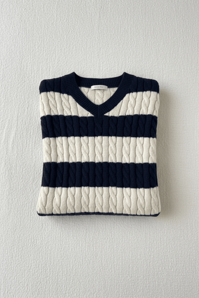 Ashford | Liora – Women’s Oversized Wool Blend Cable Knit V - Neck Striped Sweater - Ashford London Clothing