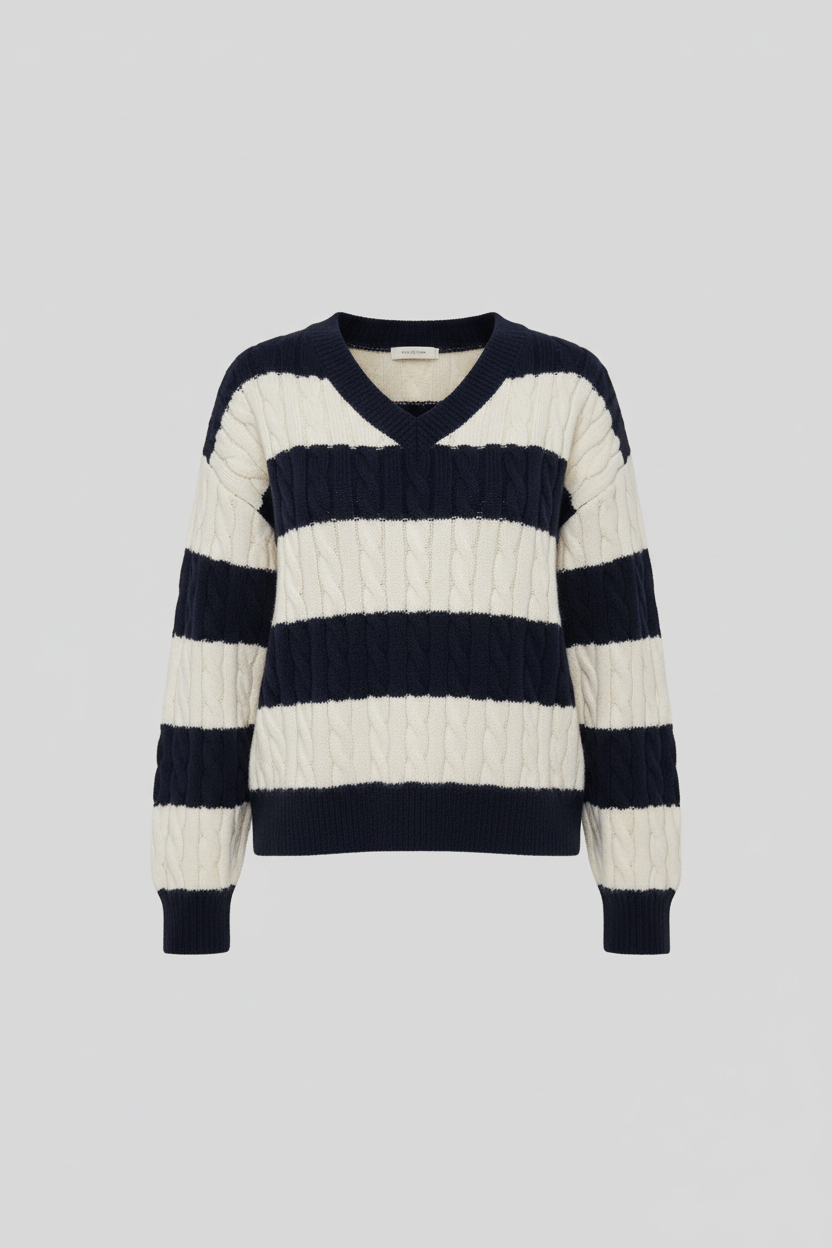 Ashford | Liora – Women’s Oversized Wool Blend Cable Knit V - Neck Striped Sweater - Ashford London Clothing