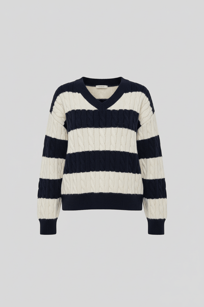 Ashford | Liora – Women’s Oversized Wool Blend Cable Knit V - Neck Striped Sweater - Ashford London Clothing