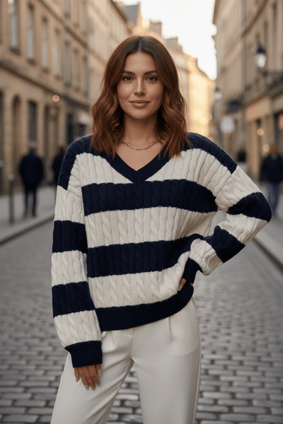 Ashford | Liora – Women’s Oversized Wool Blend Cable Knit V - Neck Striped Sweater - Ashford London Clothing