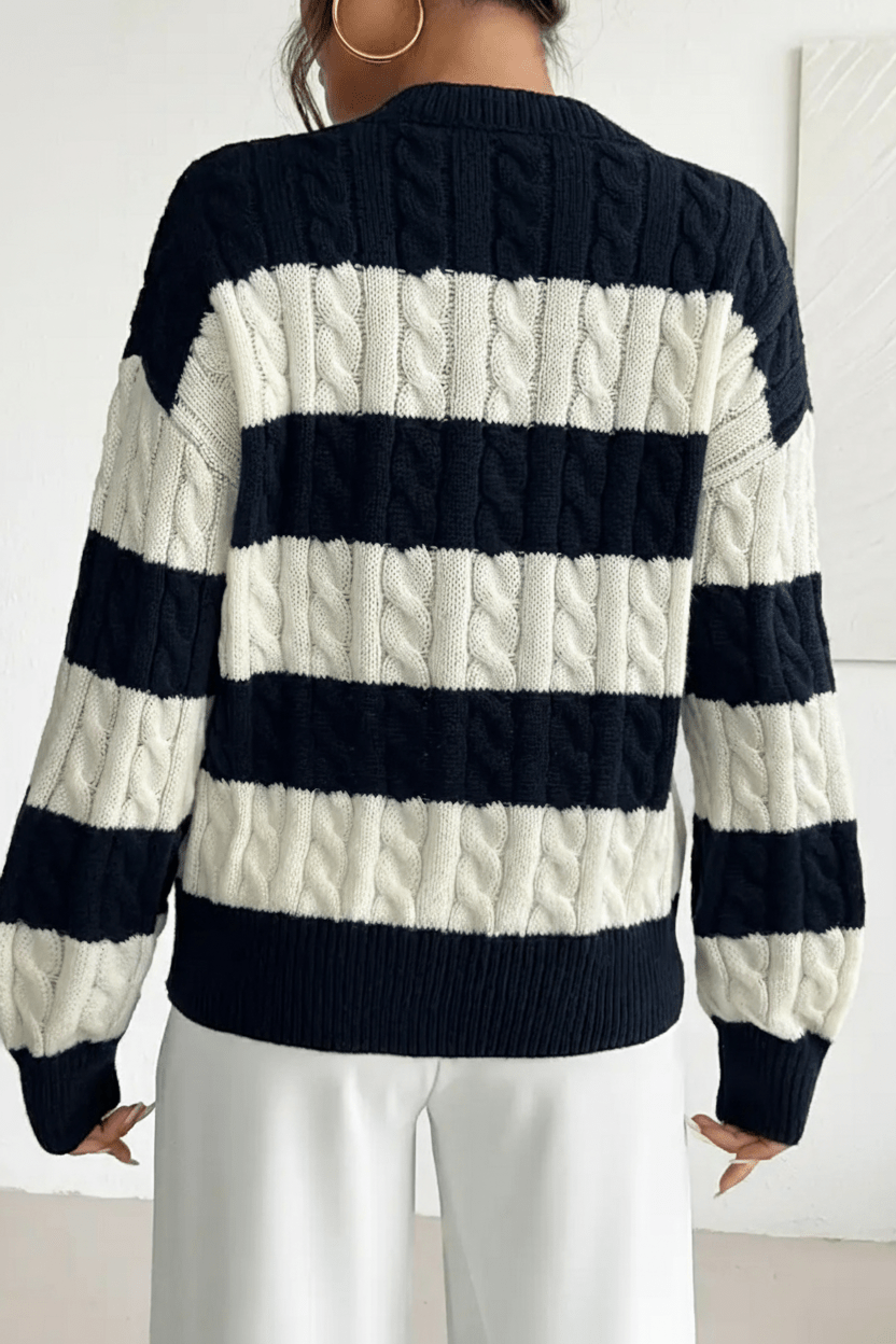 Ashford | Liora – Women’s Oversized Wool Blend Cable Knit V - Neck Striped Sweater - Ashford London Clothing
