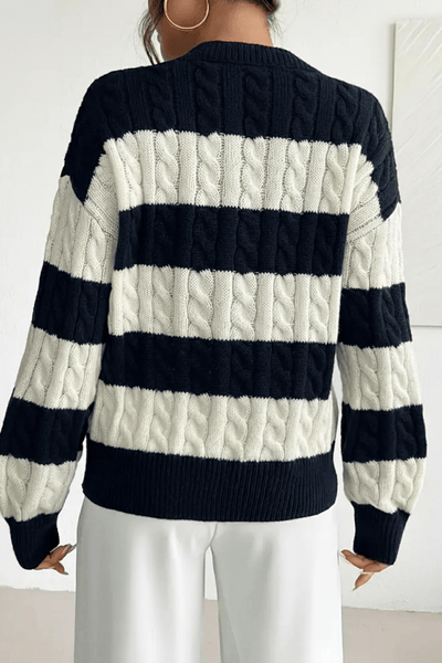 Ashford | Liora – Women’s Oversized Wool Blend Cable Knit V - Neck Striped Sweater - Ashford London Clothing