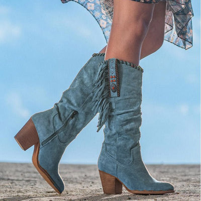 Ashford | Lyanna – Women’s Knee - High Faux Suede Boots with Fringe & Block Heel - Ashford London Clothing