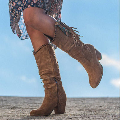 Ashford | Lyanna – Women’s Knee - High Faux Suede Boots with Fringe & Block Heel - Ashford London Clothing