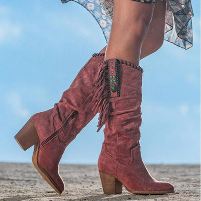 Ashford | Lyanna – Women’s Knee - High Faux Suede Boots with Fringe & Block Heel - Ashford London Clothing