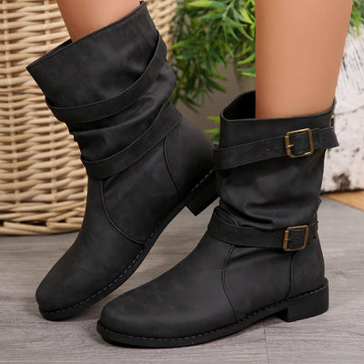 Ashford | Marisol – Women’s Vintage Buckle Strap Mid - Calf Boots with Distressed Finish - Ashford London Clothing