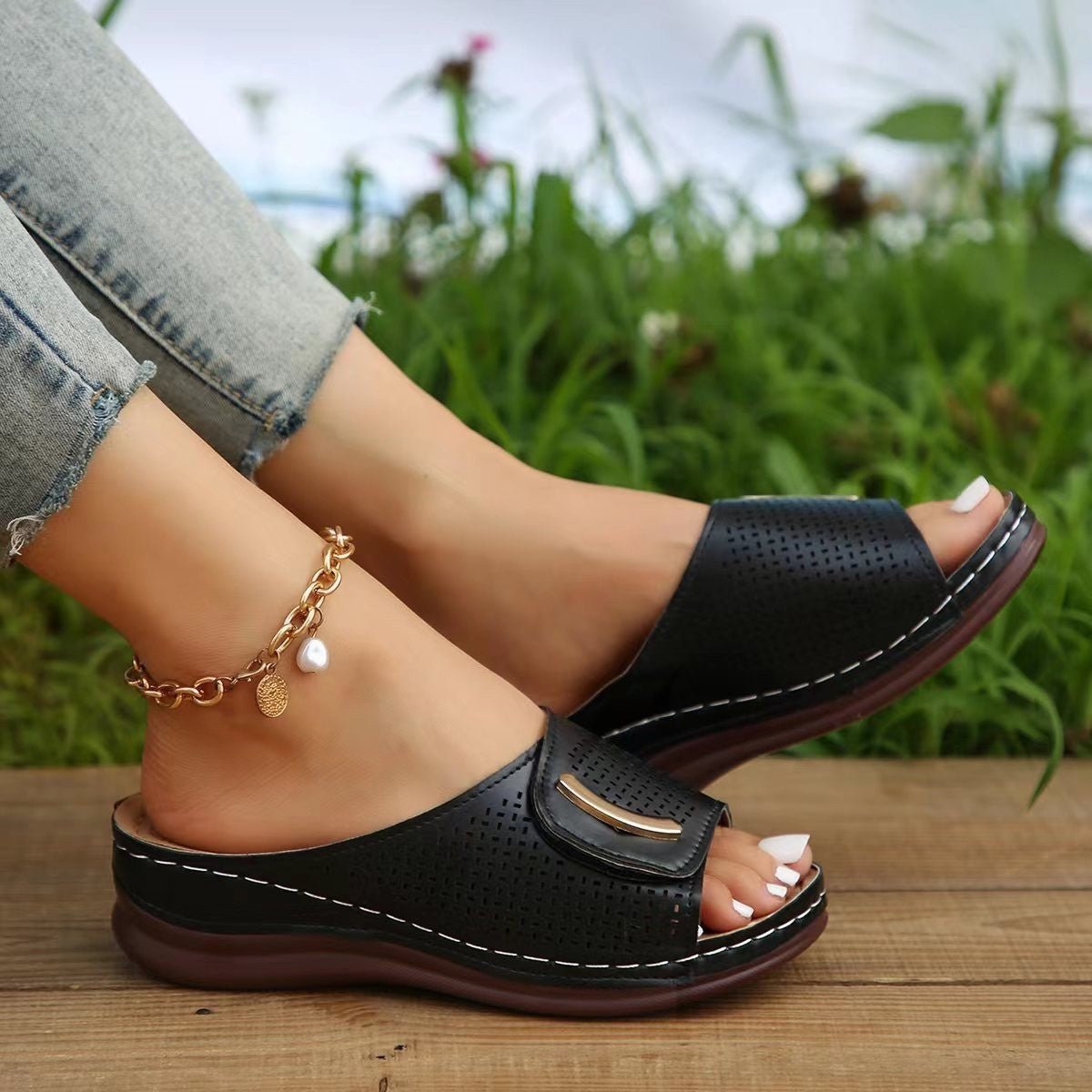Ashford | Marlene Wedge Sandals – Slip - On – Perforated PU Leather – Summer - Ashford London Clothing