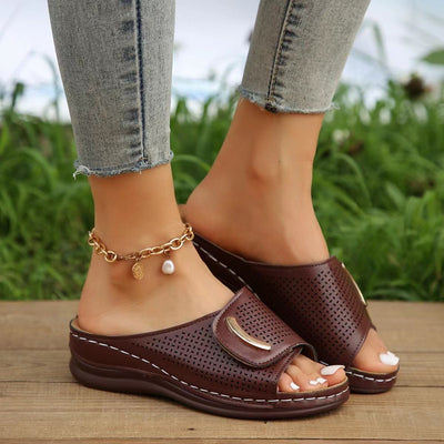 Ashford | Marlene Wedge Sandals – Slip - On – Perforated PU Leather – Summer - Ashford London Clothing
