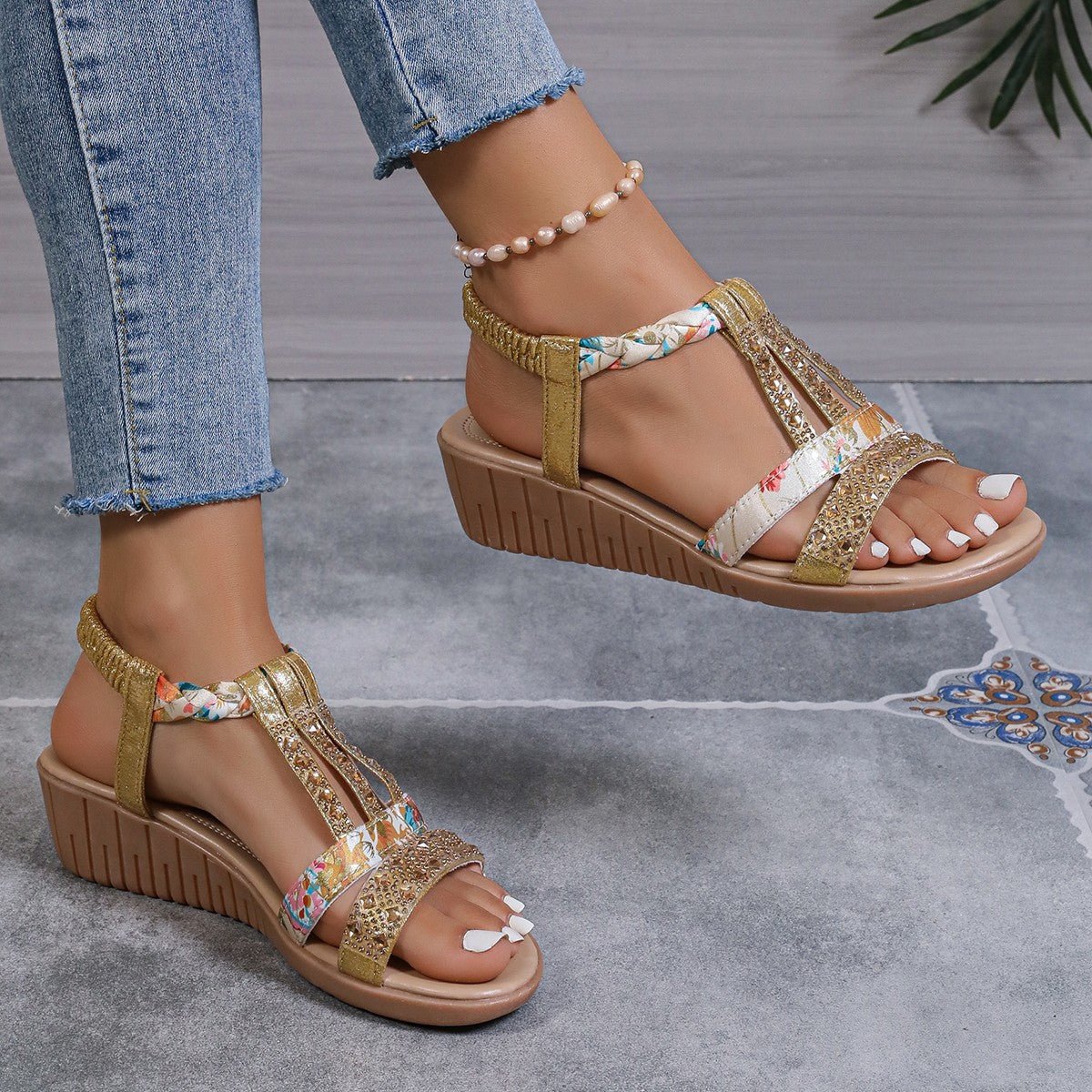 Ashford | Maya Women’s Wedge Sandals – Rhinestone T - Strap – Braided Ankle – Medium Heel - Ashford London Clothing