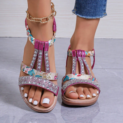 Ashford | Maya Women’s Wedge Sandals – Rhinestone T - Strap – Braided Ankle – Medium Heel - Ashford London Clothing