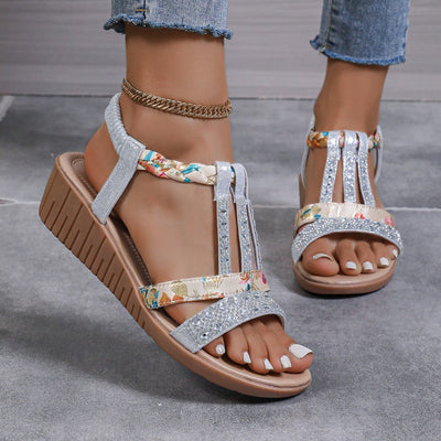 Ashford | Maya Women’s Wedge Sandals – Rhinestone T - Strap – Braided Ankle – Medium Heel - Ashford London Clothing