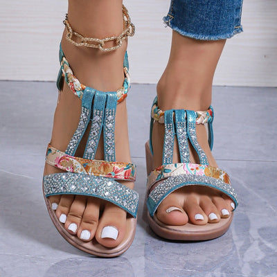Ashford | Maya Women’s Wedge Sandals – Rhinestone T - Strap – Braided Ankle – Medium Heel - Ashford London Clothing
