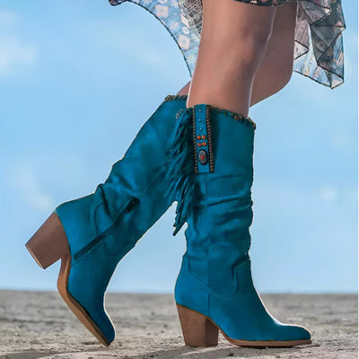 Ashford | Morag – Women’s Mid - Calf Suede Fringe Boots – Block Heel – Western Boho Style - Ashford London Clothing