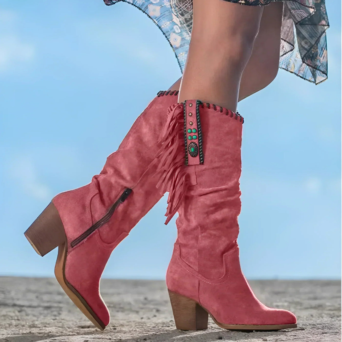 Ashford | Morag – Women’s Mid - Calf Suede Fringe Boots – Block Heel – Western Boho Style - Ashford London Clothing