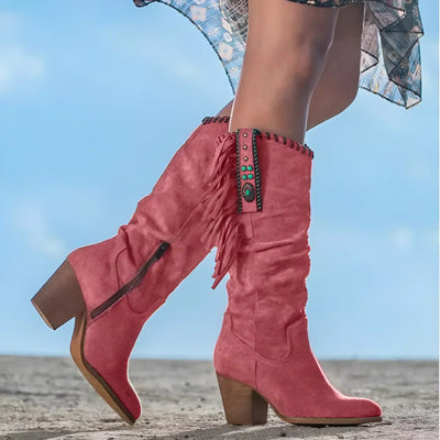 Ashford | Morag – Women’s Mid - Calf Suede Fringe Boots – Block Heel – Western Boho Style - Ashford London Clothing
