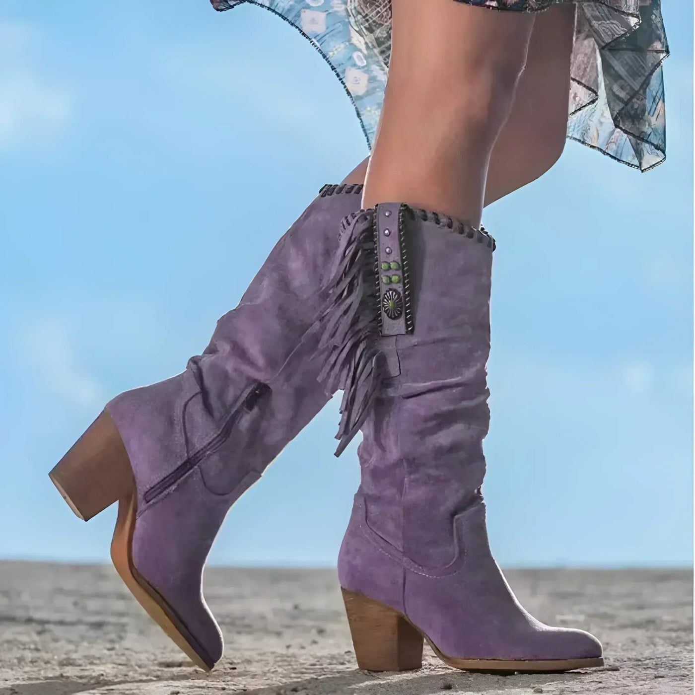 Ashford | Morag – Women’s Mid - Calf Suede Fringe Boots – Block Heel – Western Boho Style - Ashford London Clothing