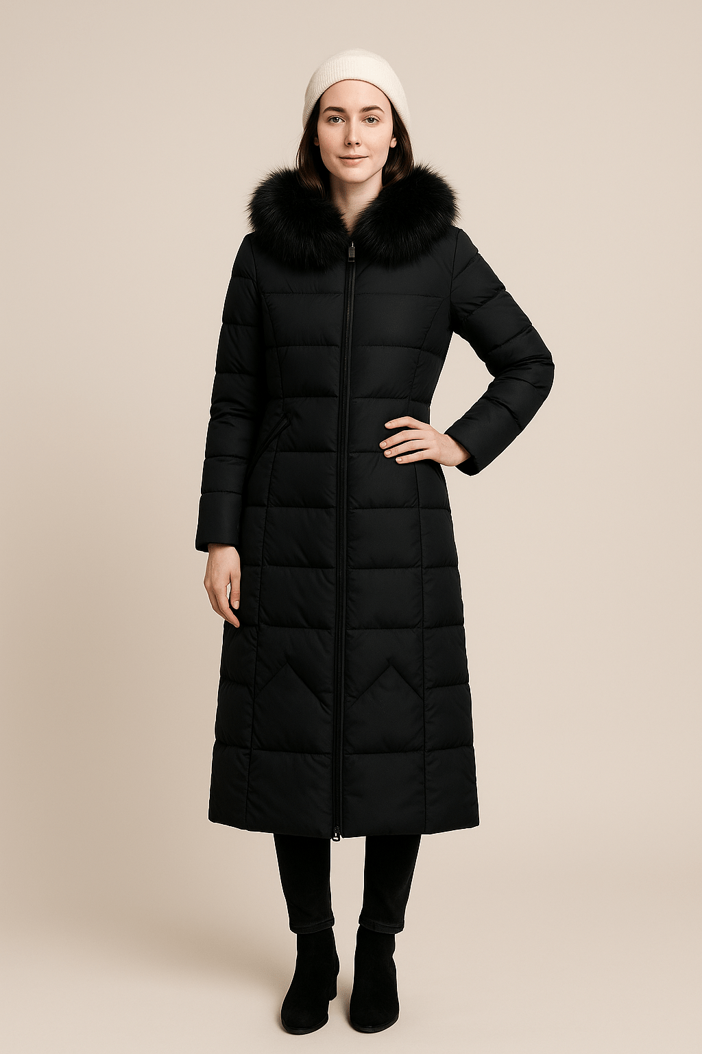Ashford | Neve – Women’s Long Quilted Jacket with Faux Fur Collar and Hood - Ashford London Clothing