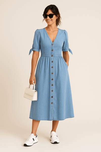 Ashford | Niamh Maxi Dress – Denim Elegance, Soft Stretch, Urban Grace - Ashford London Clothing