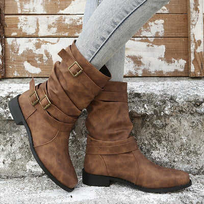 Ashford | Noelia – Women’s Casual Buckle Strap Mid - Calf Boots with Low Block Heel - Ashford London Clothing