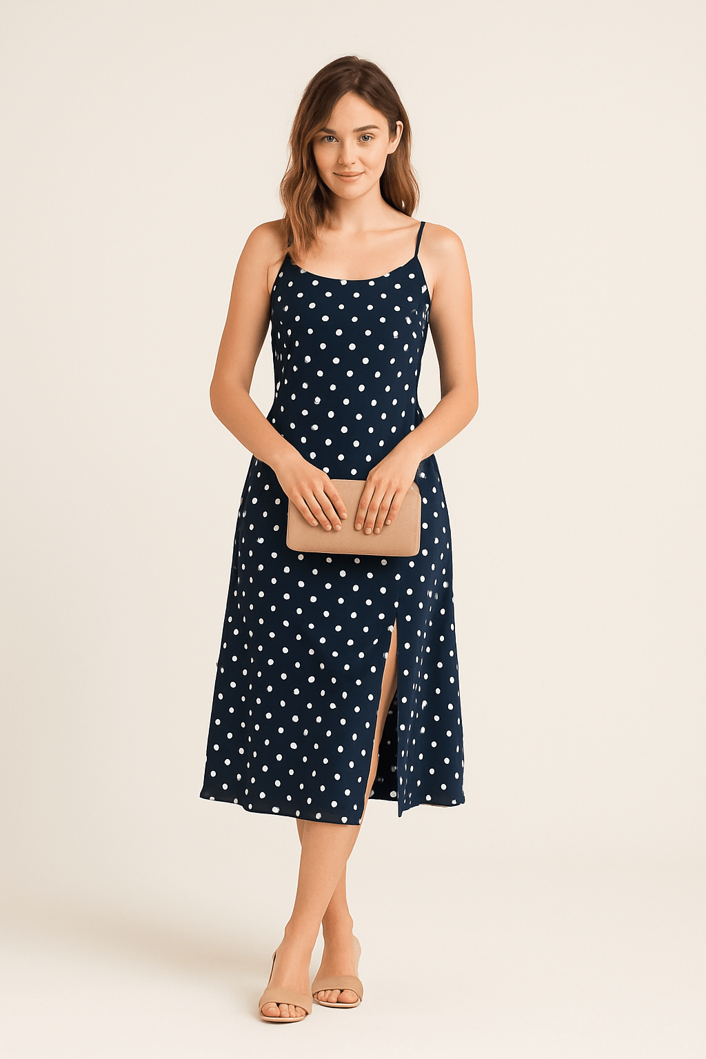 Ashford | Polka Dot A - Line Midi Dress – Spaghetti Straps with Side Slit for Women - Ashford London Clothing