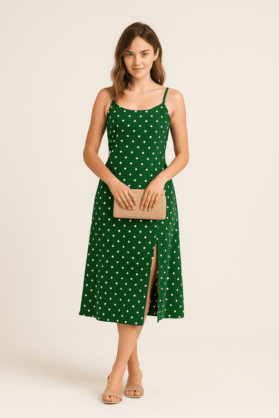 Ashford | Polka Dot A - Line Midi Dress – Spaghetti Straps with Side Slit for Women - Ashford London Clothing