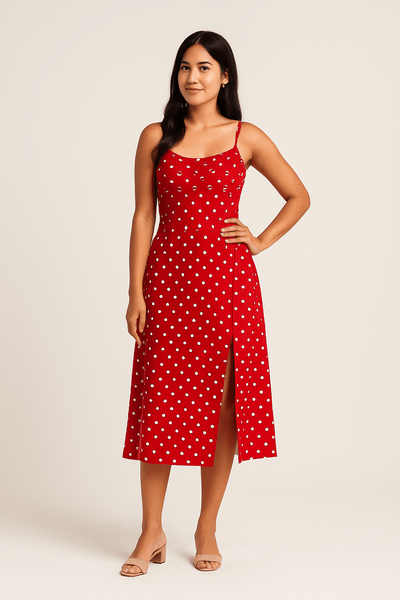 Ashford | Polka Dot A - Line Midi Dress – Spaghetti Straps with Side Slit for Women - Ashford London Clothing