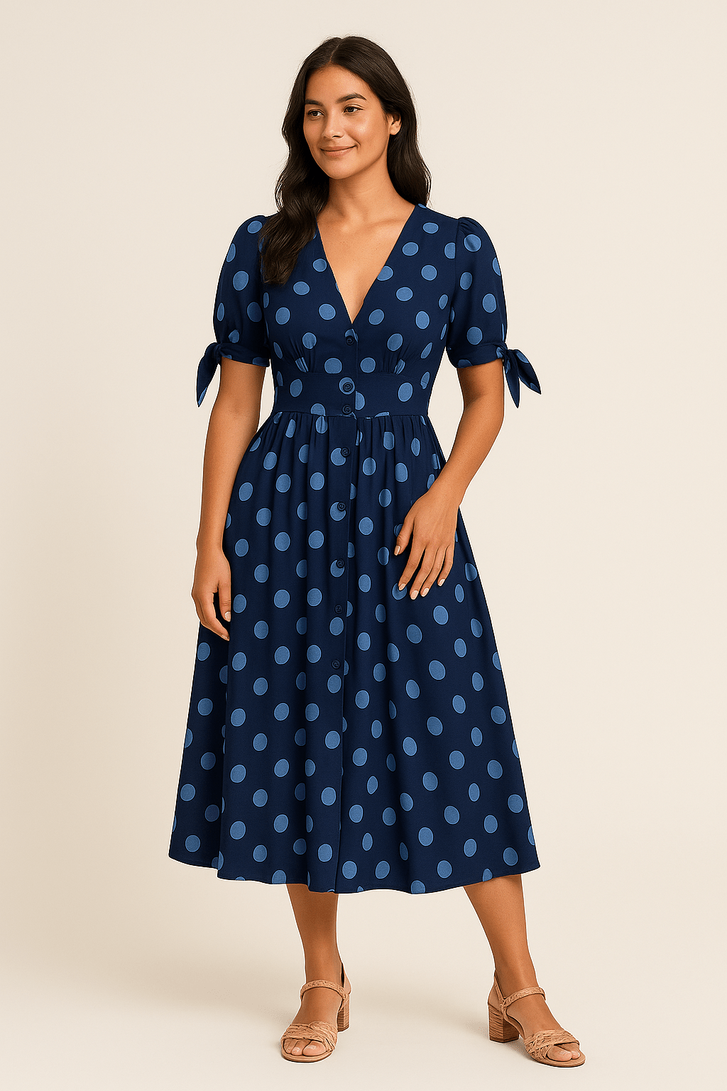 Ashford | Polka Dot Midi Dress – V - Neck Tie Detail Button Front for Women - Ashford London Clothing