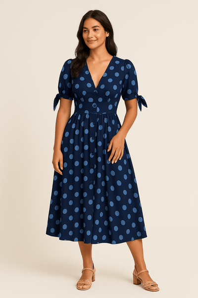 Ashford | Polka Dot Midi Dress – V - Neck Tie Detail Button Front for Women - Ashford London Clothing