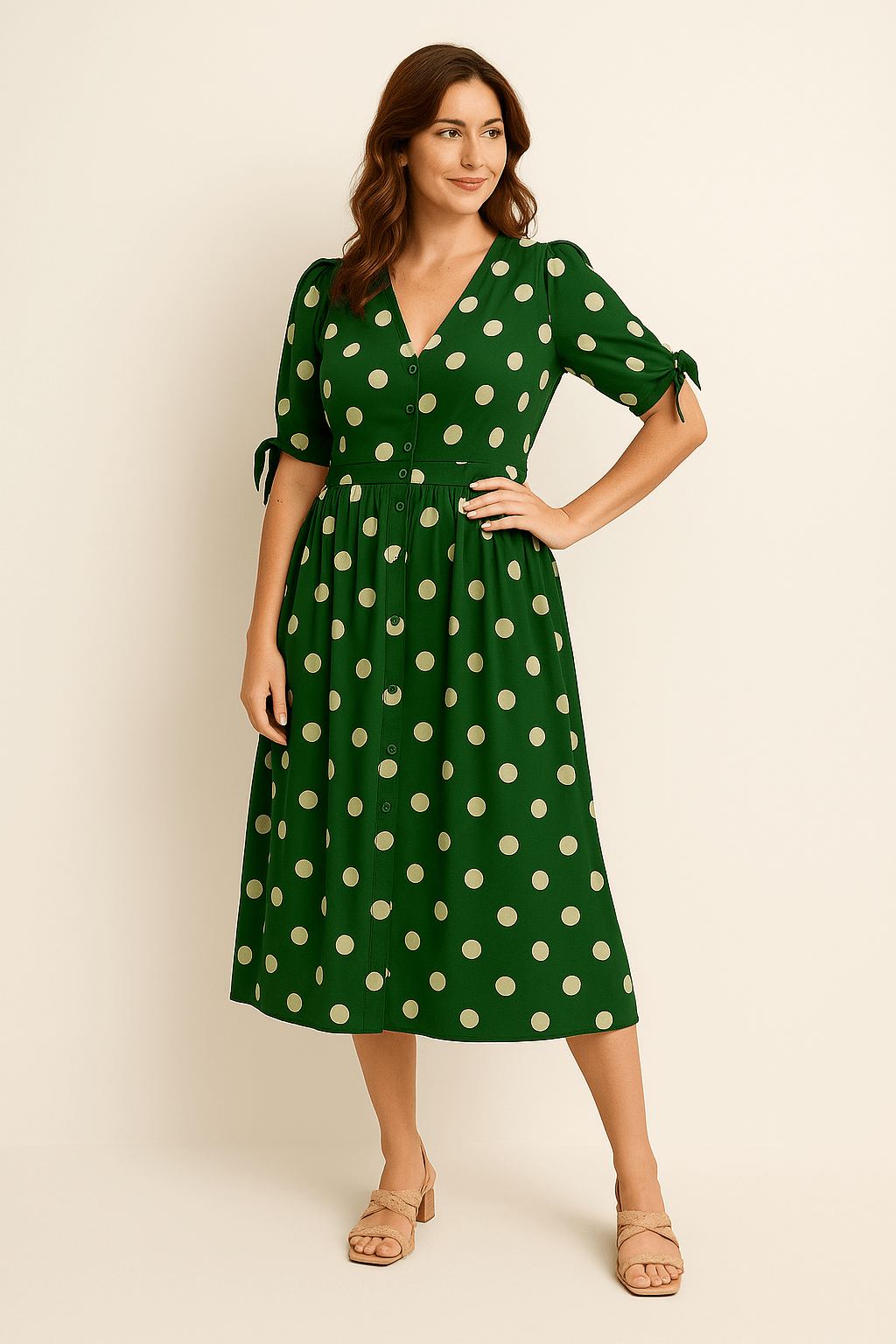 Ashford | Polka Dot Midi Dress – V - Neck Tie Detail Button Front for Women - Ashford London Clothing