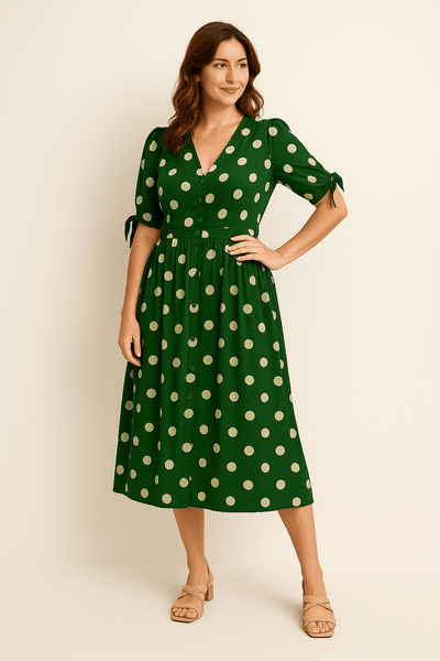 Ashford | Polka Dot Midi Dress – V - Neck Tie Detail Button Front for Women - Ashford London Clothing