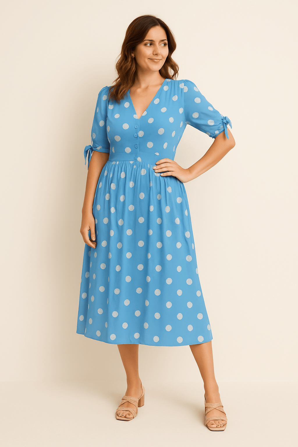 Ashford | Polka Dot Midi Dress – V - Neck Tie Detail Button Front for Women - Ashford London Clothing