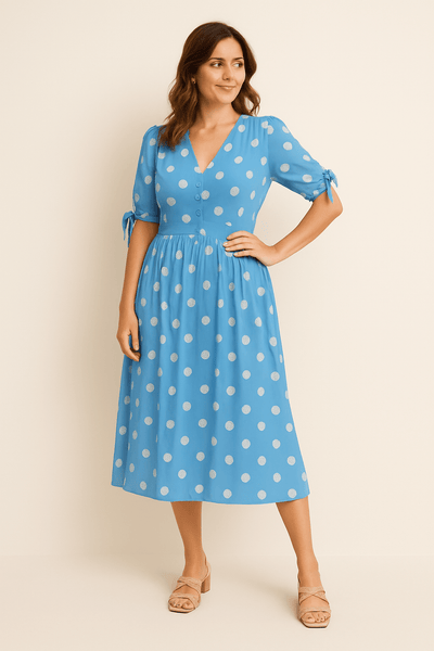 Ashford | Polka Dot Midi Dress – V - Neck Tie Detail Button Front for Women - Ashford London Clothing