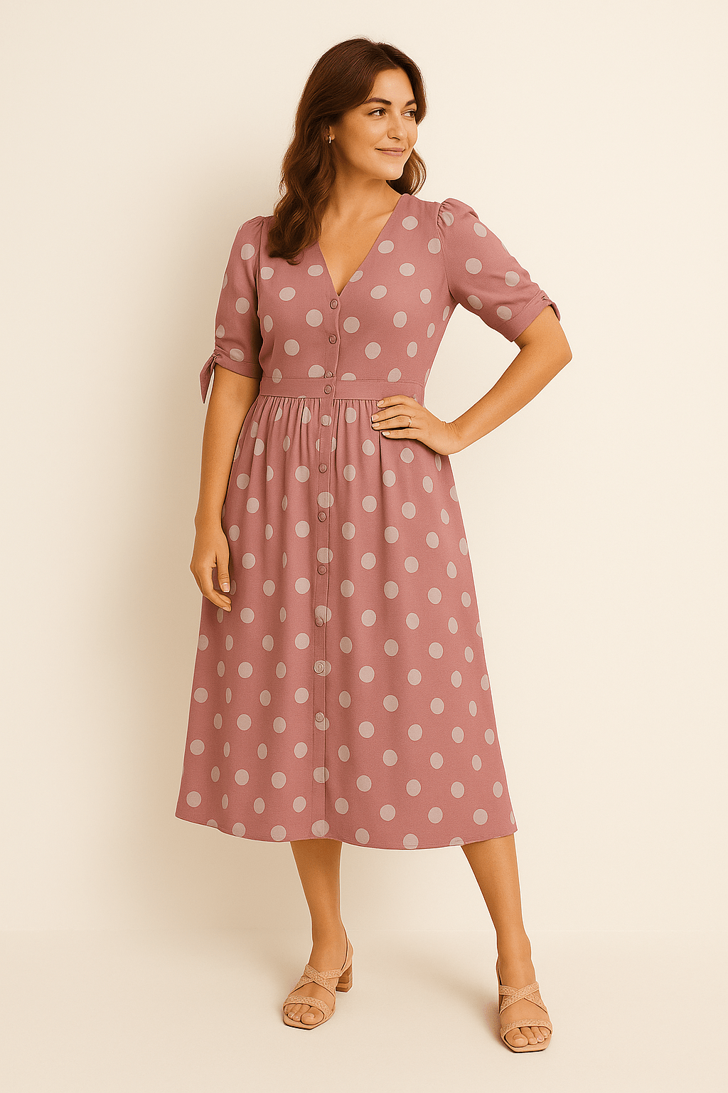 Ashford | Polka Dot Midi Dress – V - Neck Tie Detail Button Front for Women - Ashford London Clothing