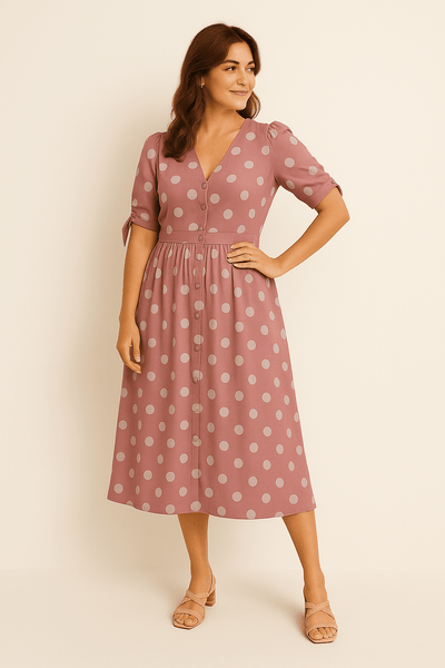 Ashford | Polka Dot Midi Dress – V - Neck Tie Detail Button Front for Women - Ashford London Clothing