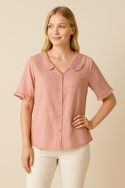 Ashford | Poppy Doll Retro Cotton - Linen Shirt with Doll Collar – Short Sleeves - Ashford London Clothing