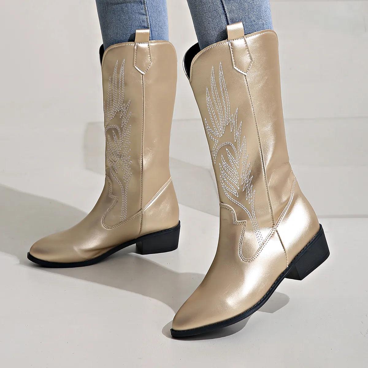 Ashford | Ragna – Women’s Western PU Leather Cowboy Boots with Stitch Detail - Ashford London Clothing