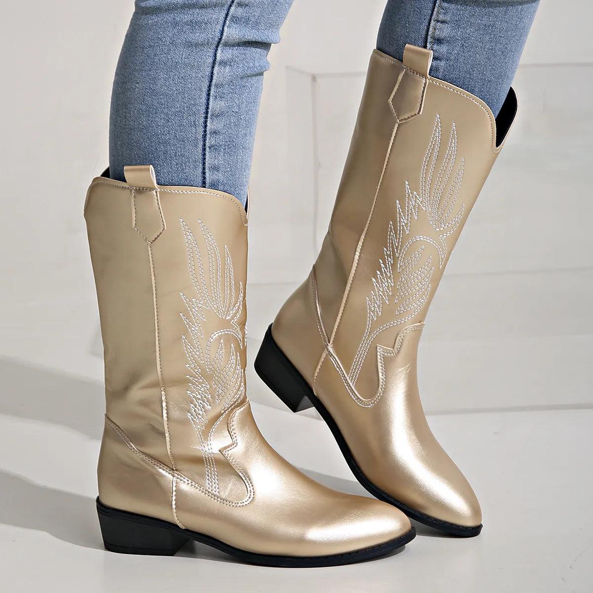 Ashford | Ragna – Women’s Western PU Leather Cowboy Boots with Stitch Detail - Ashford London Clothing