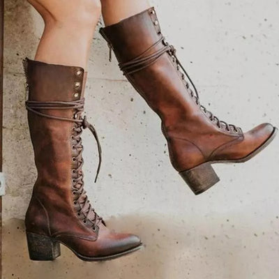Ashford | Renata – Women’s Knee - High PU Leather Boots with Lace - Up Front & Chunky Heel - Ashford London Clothing