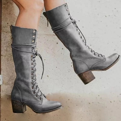 Ashford | Renata – Women’s Knee - High PU Leather Boots with Lace - Up Front & Chunky Heel - Ashford London Clothing